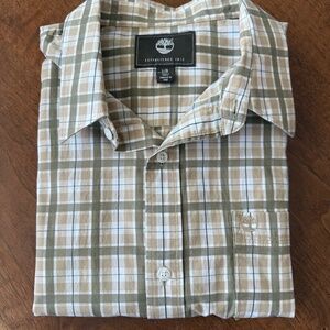 Timberland Shirt Mens Large Brown White Plaid Button‎ Up Short Sleeves Pocket